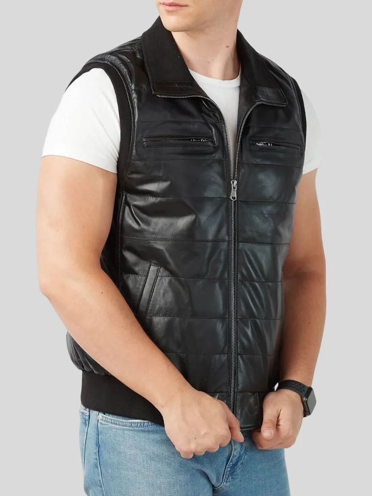 Men's Black Leather Puffer Vest: Riverhead – Leather Jackets NZ