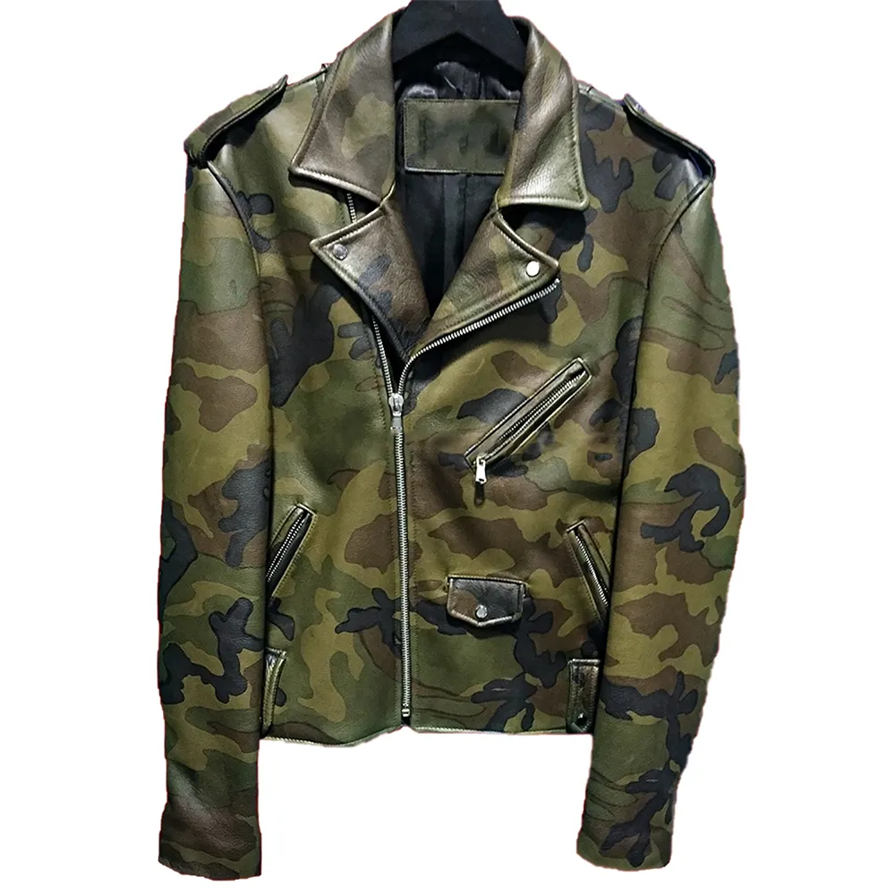 Men’s Biker Classic Military Camouflage Leather Jacket