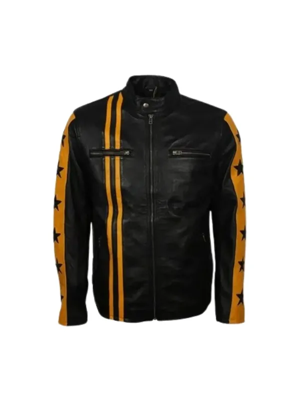 Men’s Biker Yellow Star Black Leather Jacket