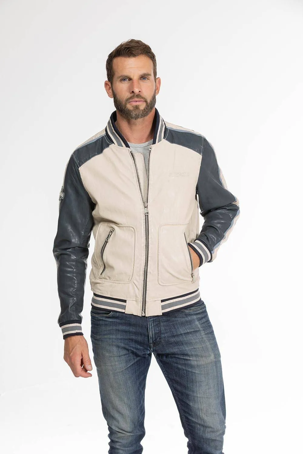 Men's beige/navy redskins fray teddy style leather jacket