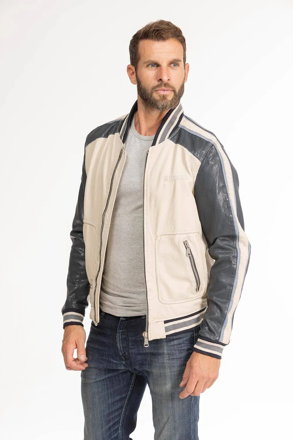 Men's beige/navy redskins fray teddy style leather jacket