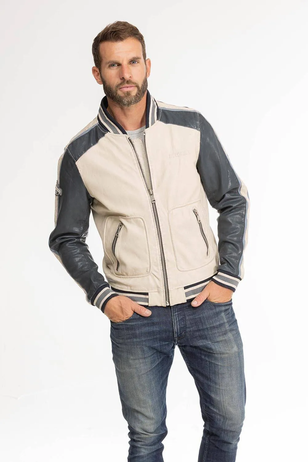 Men's beige/navy redskins fray teddy style leather jacket