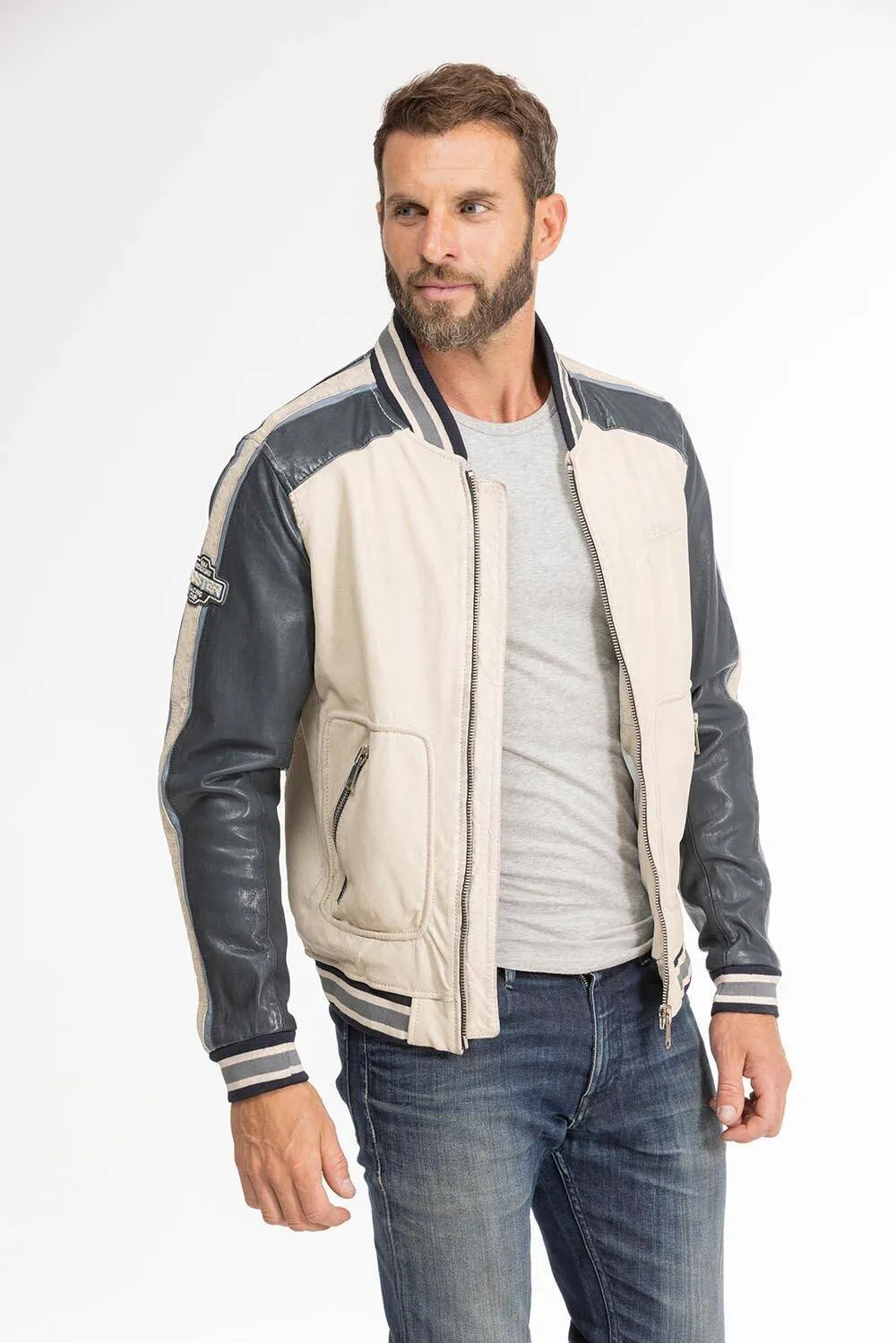 Men's beige/navy redskins fray teddy style leather jacket