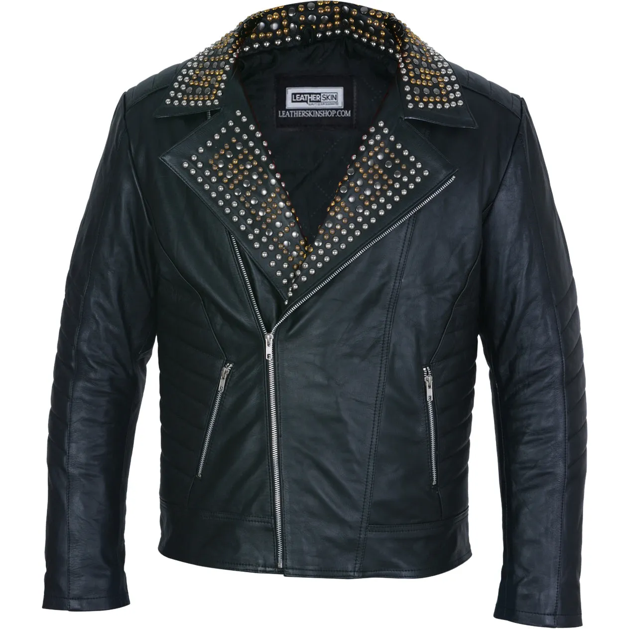 Mens Black Leather Jacket - Studded Spiked Studs Punk Asymmetrical Zip - Leather Skin Shop