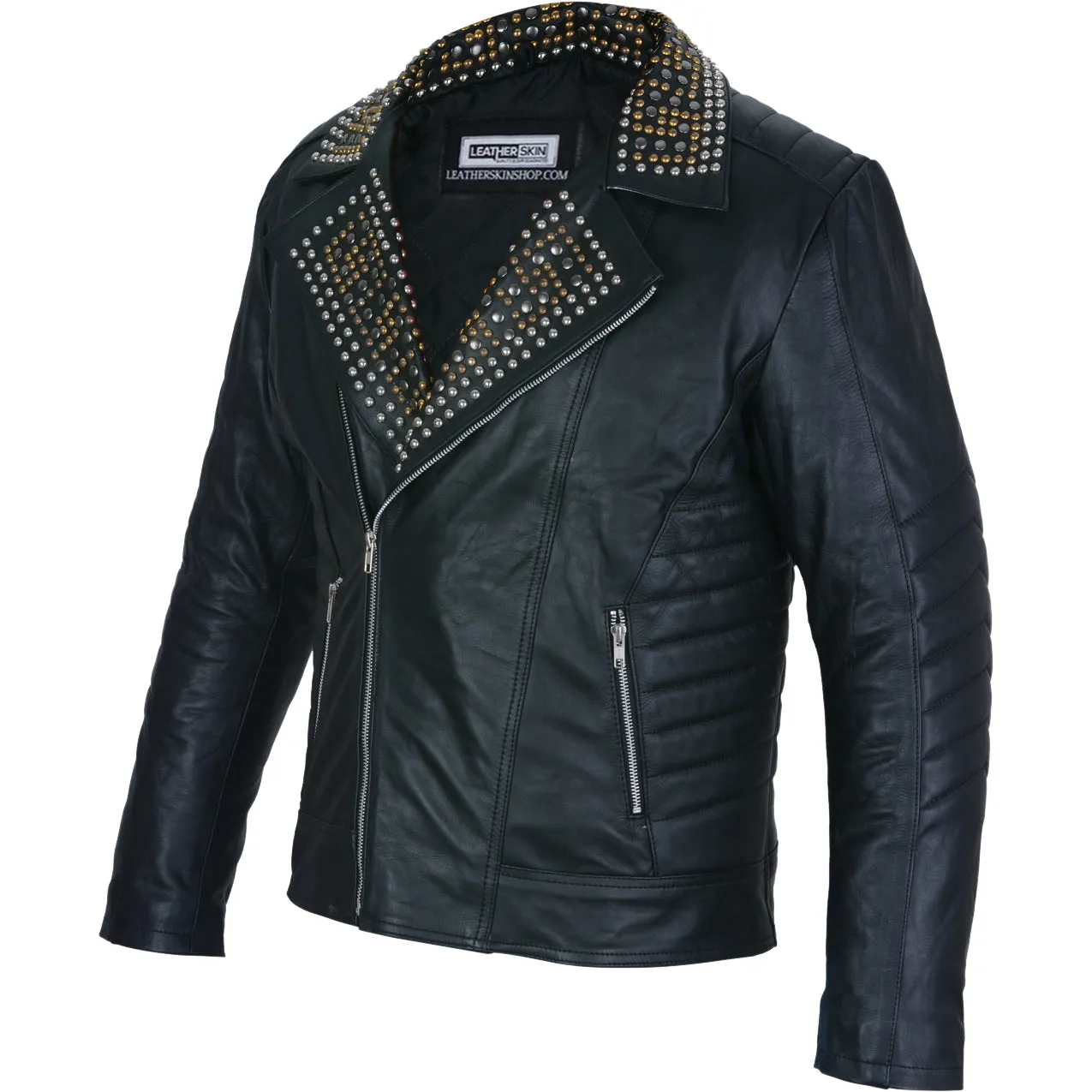 Mens Black Leather Jacket - Studded Spiked Studs Punk Asymmetrical Zip - Leather Skin Shop