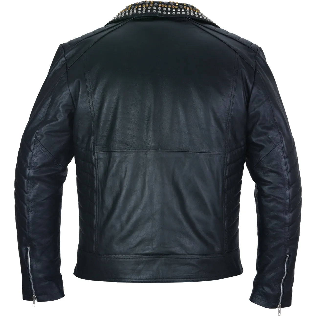 Mens Black Leather Jacket - Studded Spiked Studs Punk Asymmetrical Zip - Leather Skin Shop