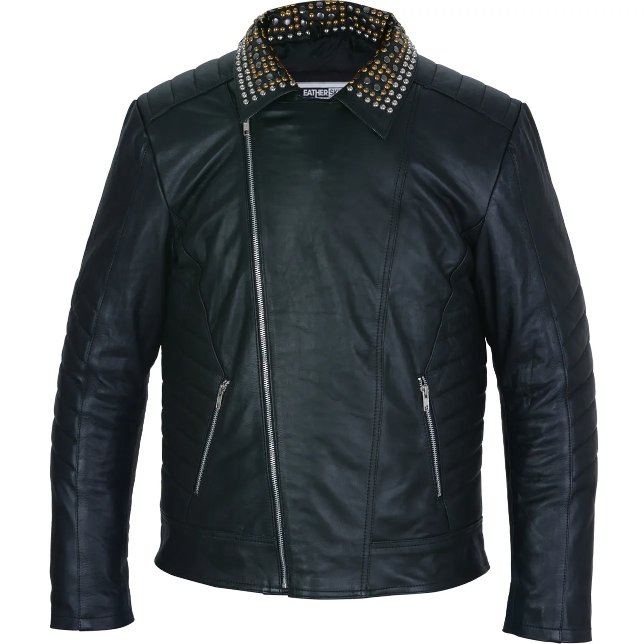 Mens Black Leather Jacket - Studded Spiked Studs Punk Asymmetrical Zip - Leather Skin Shop