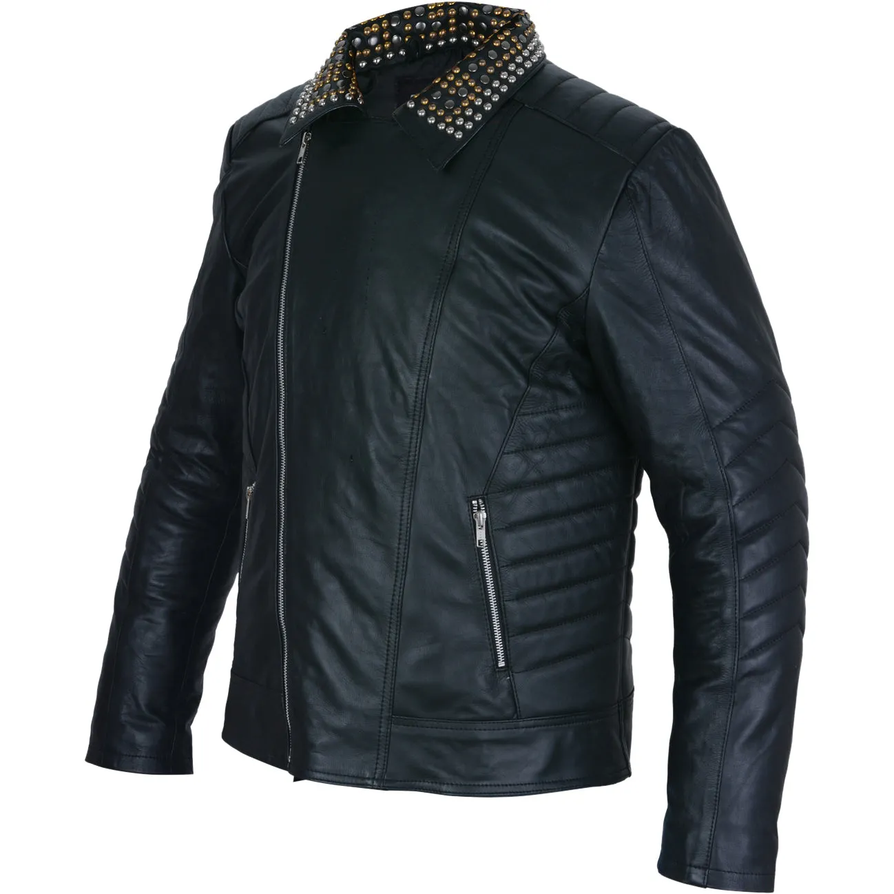 Mens Black Leather Jacket - Studded Spiked Studs Punk Asymmetrical Zip - Leather Skin Shop