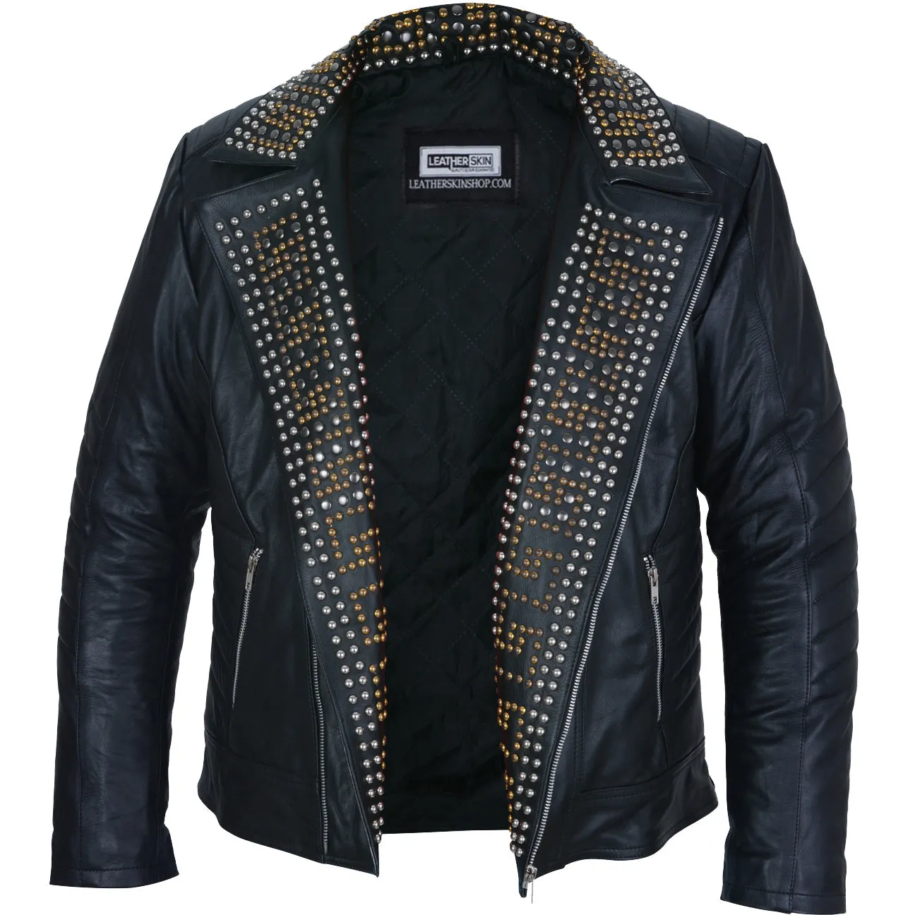 Mens Black Leather Jacket - Studded Spiked Studs Punk Asymmetrical Zip - Leather Skin Shop