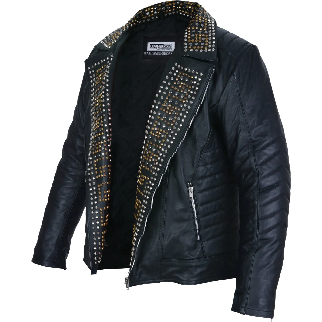 Mens Black Leather Jacket - Studded Spiked Studs Punk Asymmetrical Zip - Leather Skin Shop