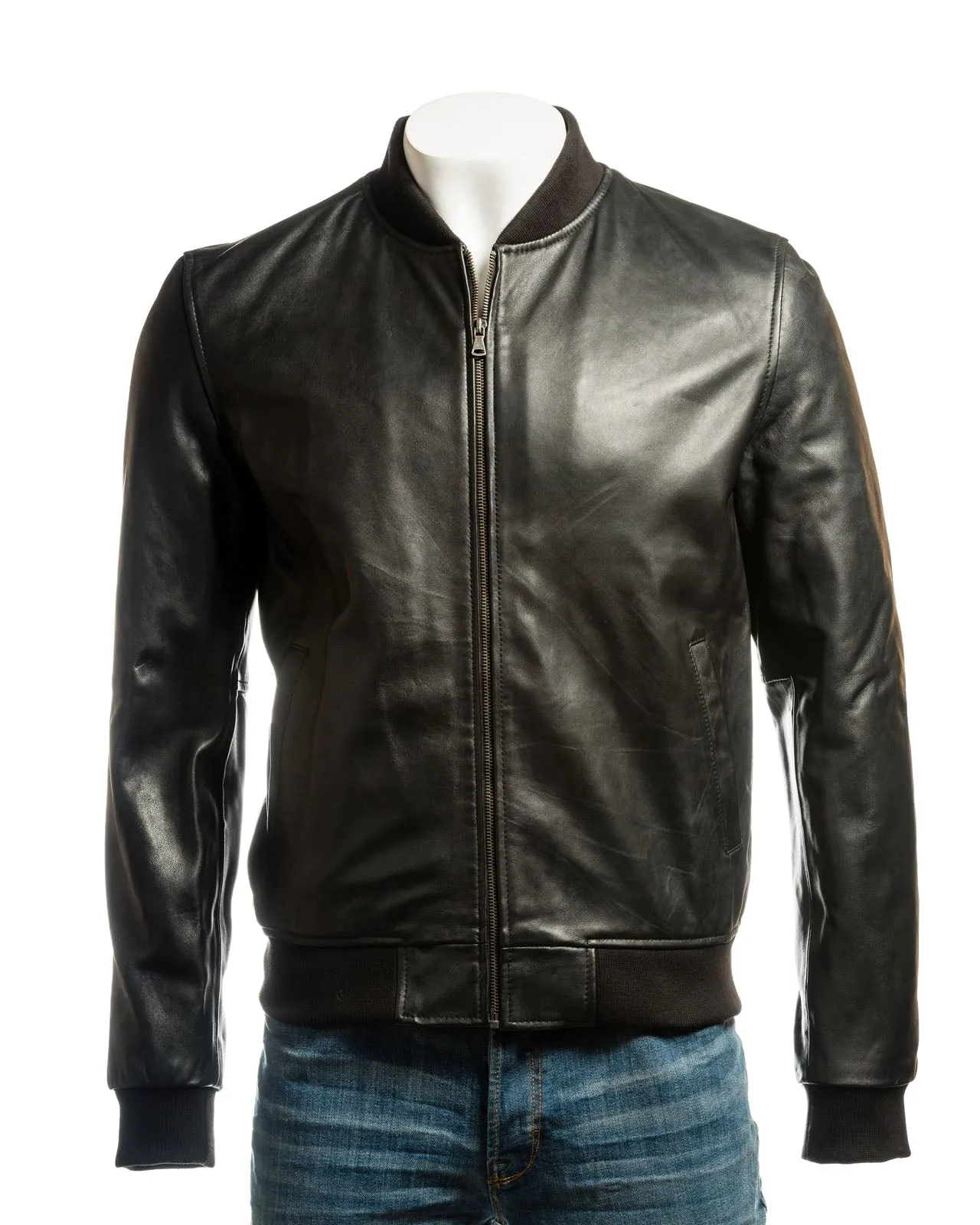 Men's Black Rib-Knit Collar Leather Bomber: Enzo