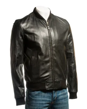 Men's Black Rib-Knit Collar Leather Bomber: Enzo