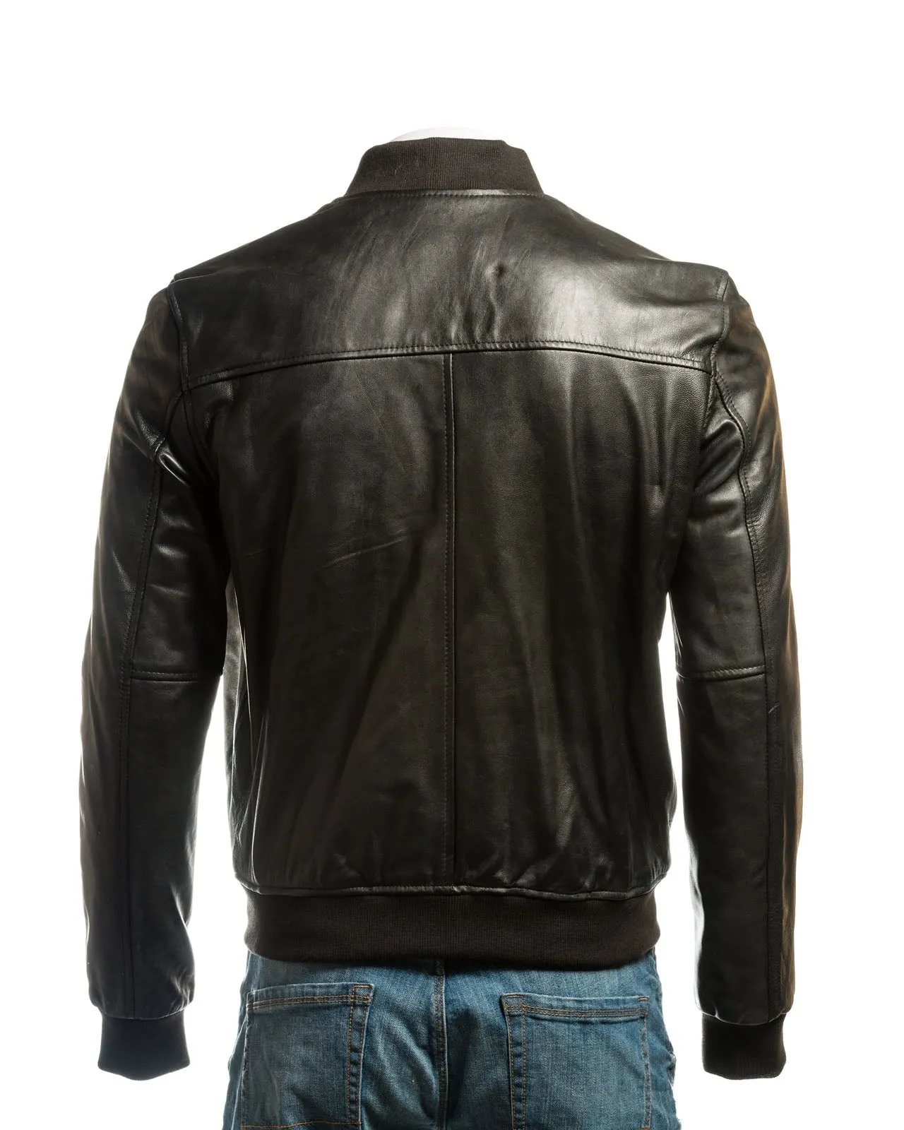 Men's Black Rib-Knit Collar Leather Bomber: Enzo