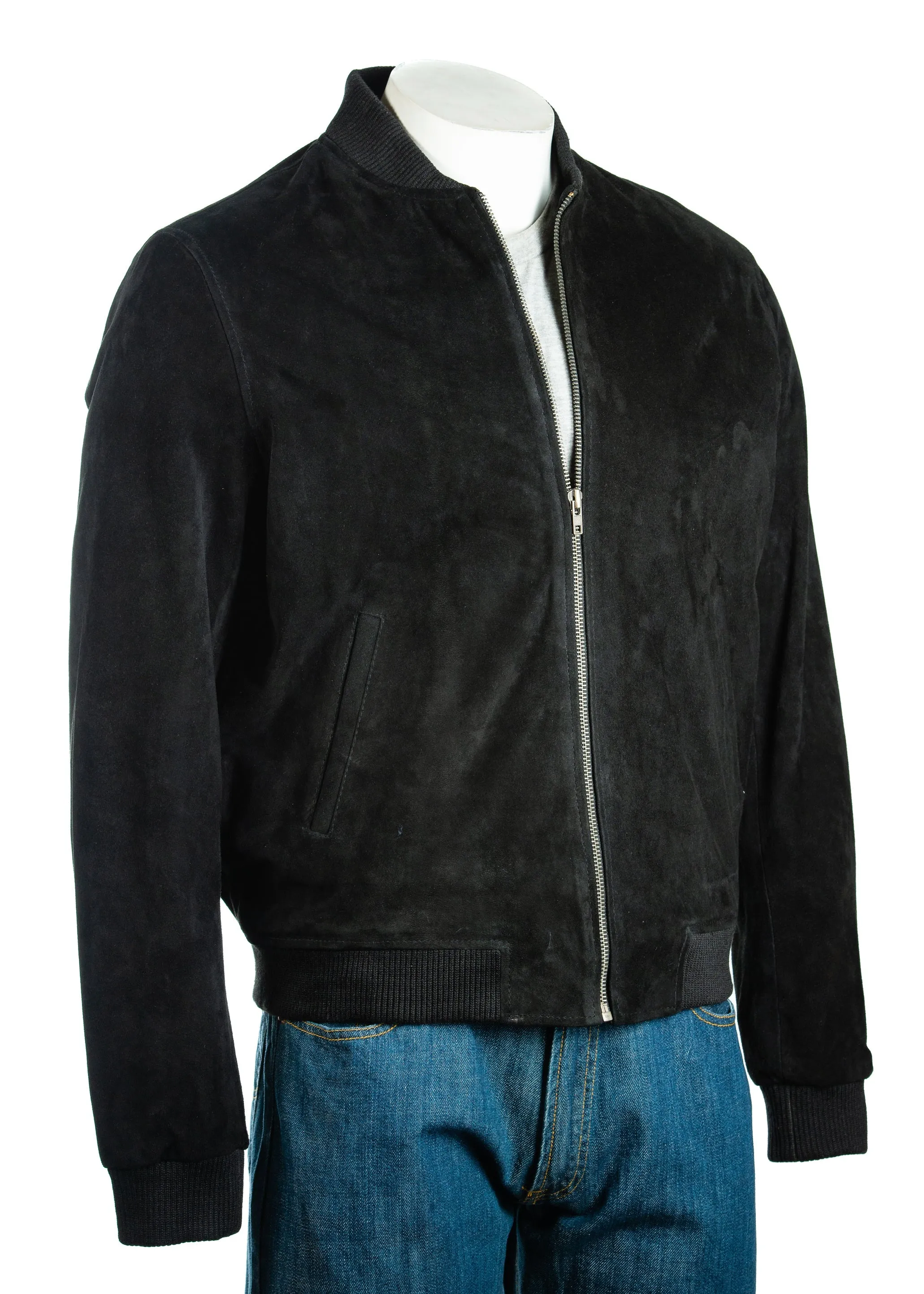 Men's Black Rib-Knit Collar Suede Bomber: Benedict