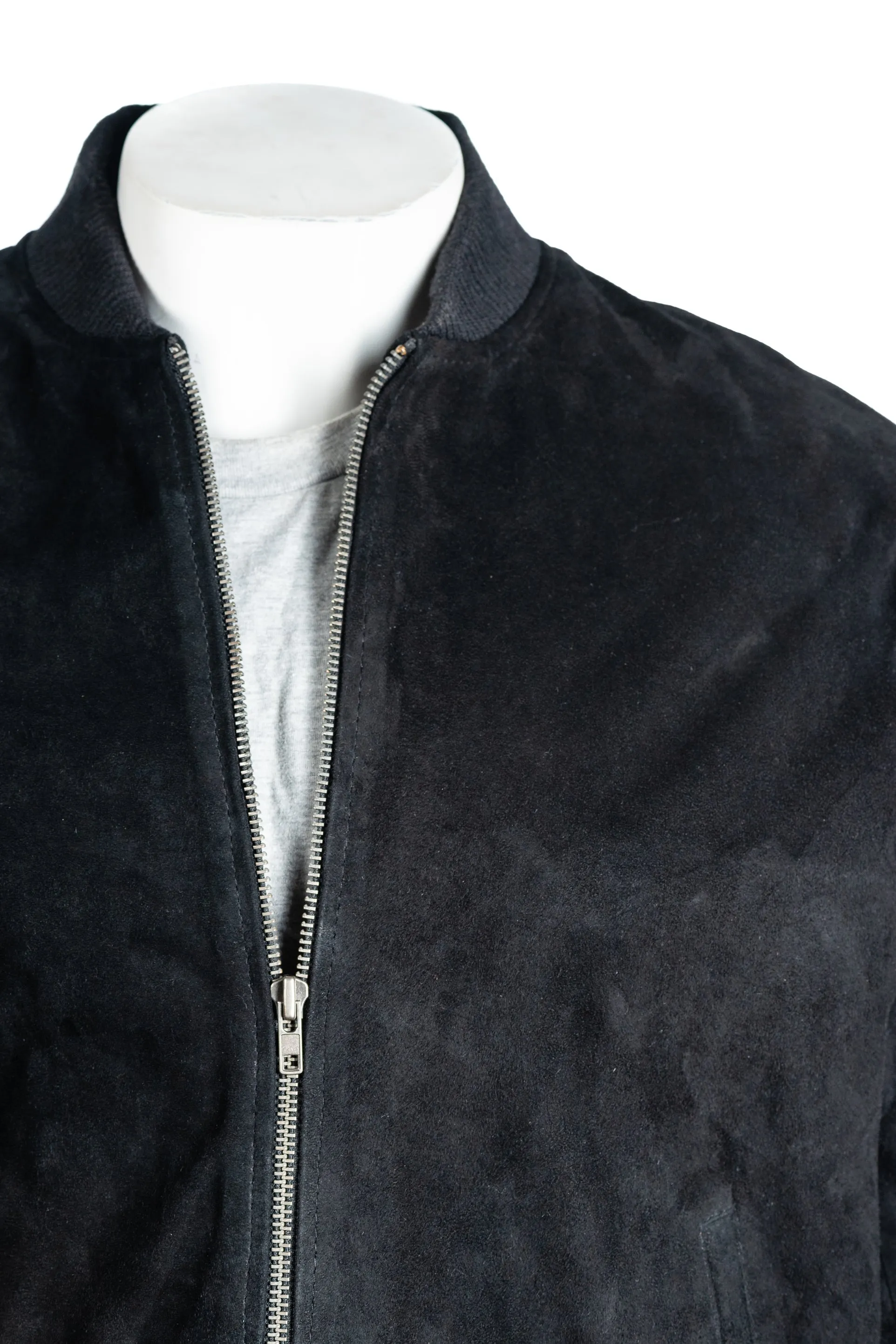 Men's Black Rib-Knit Collar Suede Bomber: Benedict