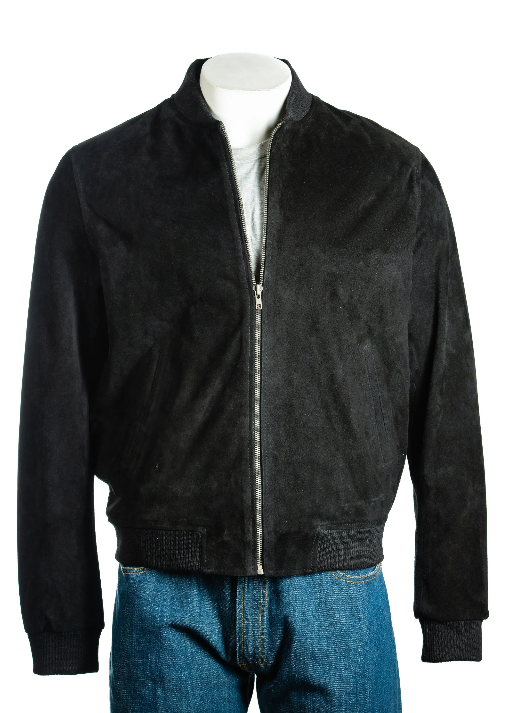 Men's Black Rib-Knit Collar Suede Bomber: Benedict