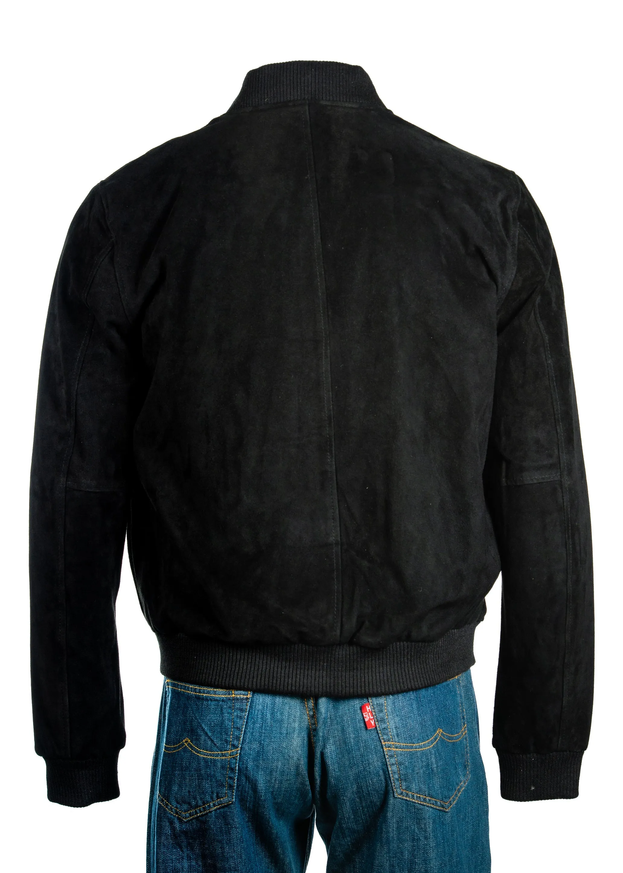 Men's Black Rib-Knit Collar Suede Bomber: Benedict