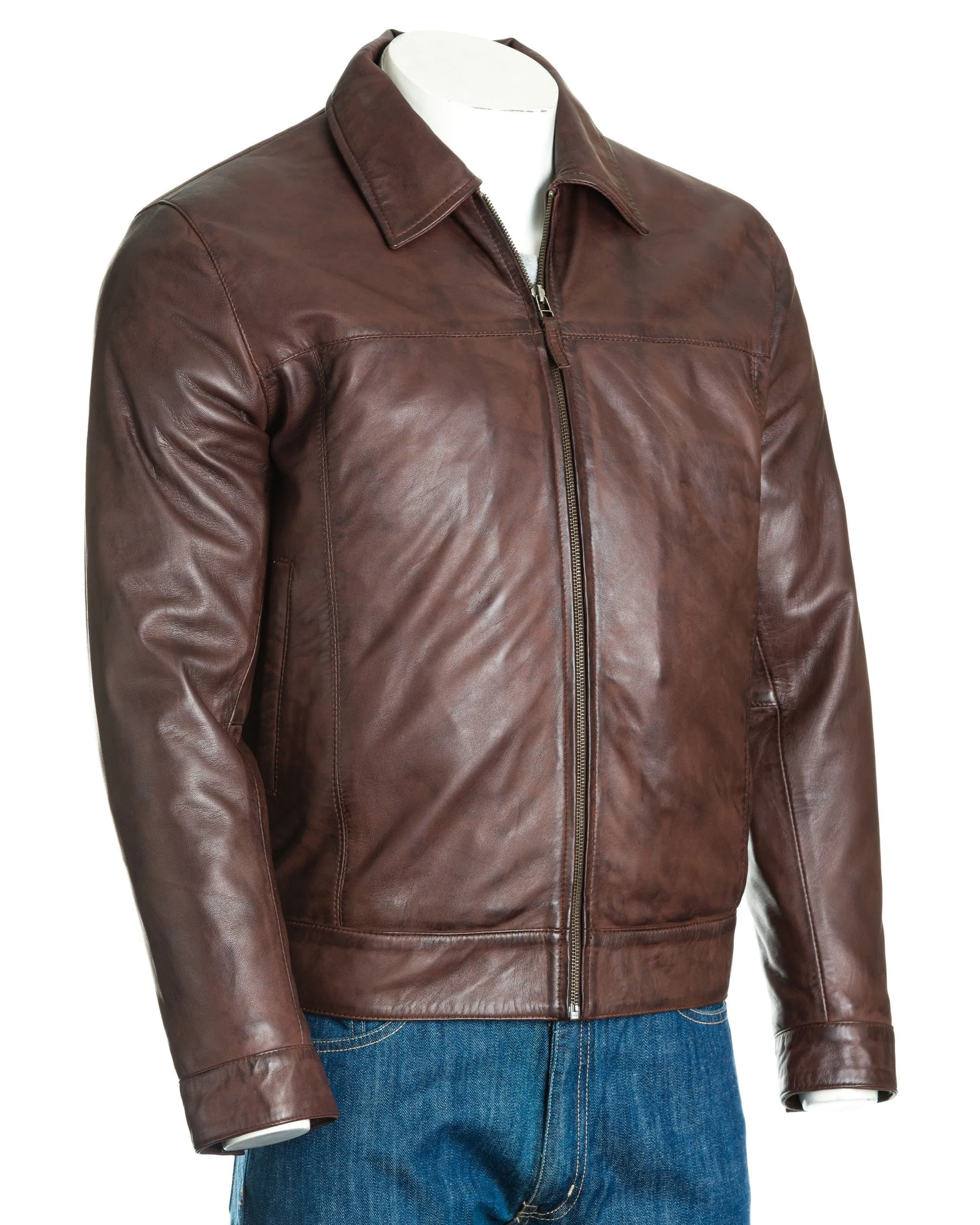 Men's Conker Brown Harrington Style Bomber Leather Jacket: Matias