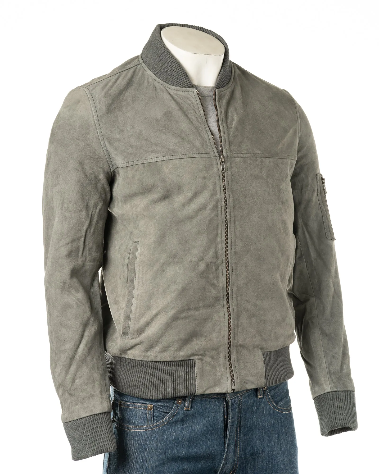 Men's Grey Rib-Knit Collar Suede Bomber: Tito