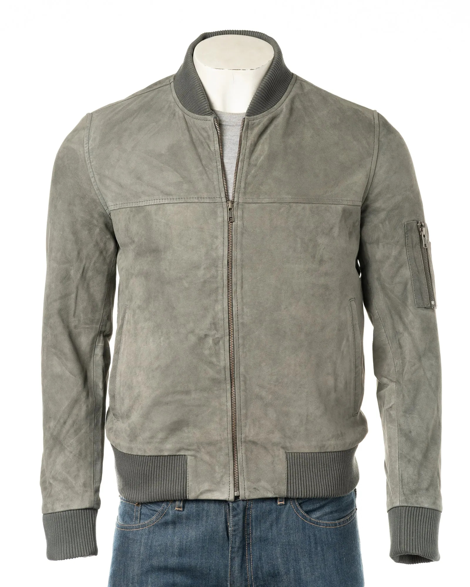 Men's Grey Rib-Knit Collar Suede Bomber: Tito