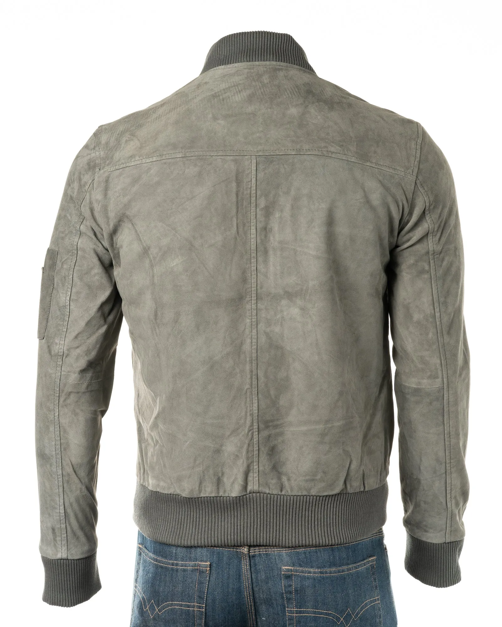 Men's Grey Rib-Knit Collar Suede Bomber: Tito