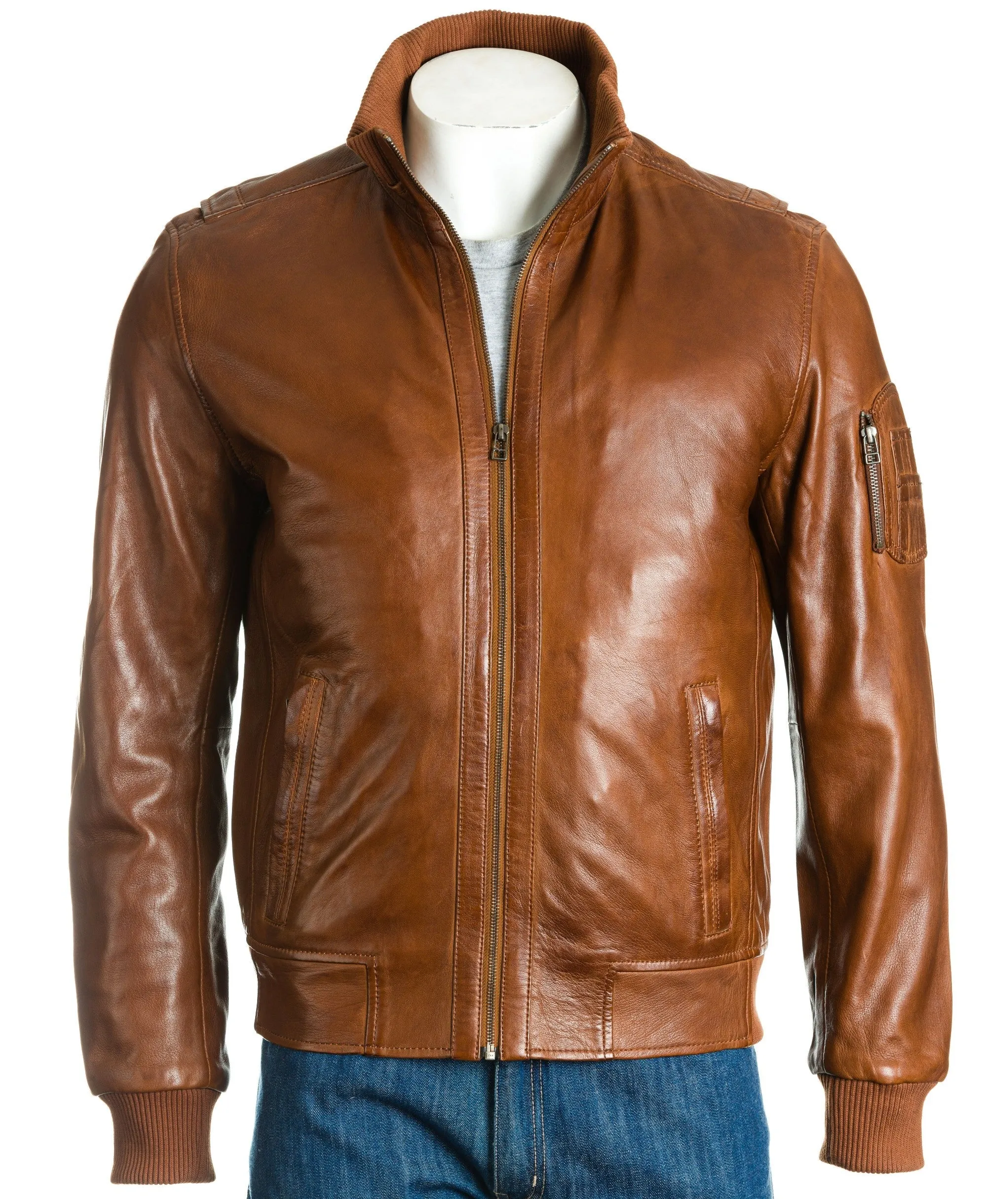 Men's Mid Brown Stand-Up Rib-Knit Collared Leather Bomber: Otello