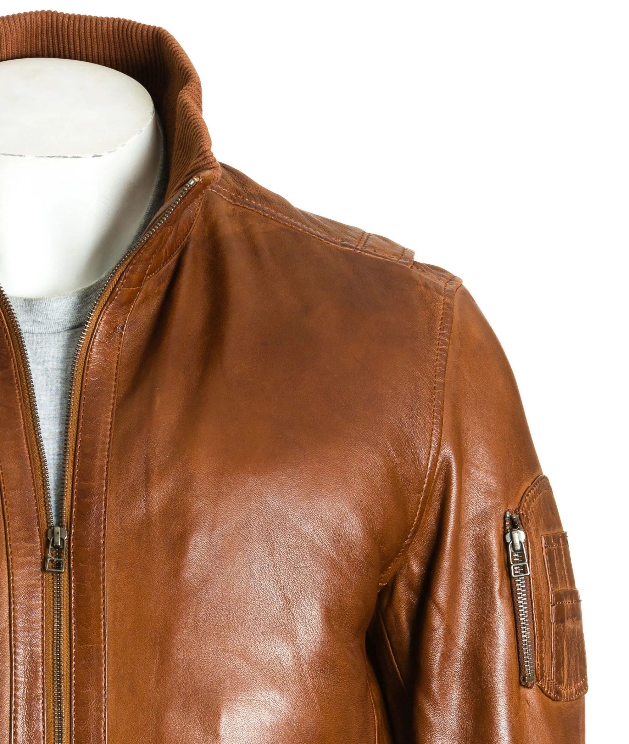 Men's Mid Brown Stand-Up Rib-Knit Collared Leather Bomber: Otello