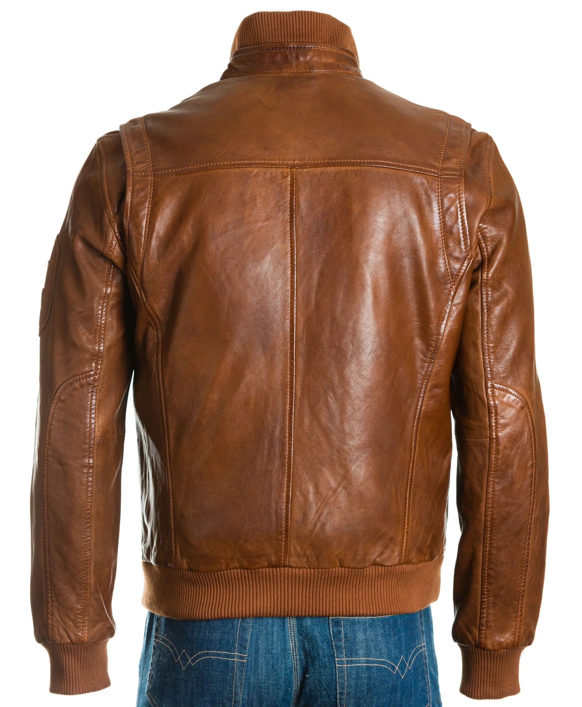 Men's Mid Brown Stand-Up Rib-Knit Collared Leather Bomber: Otello