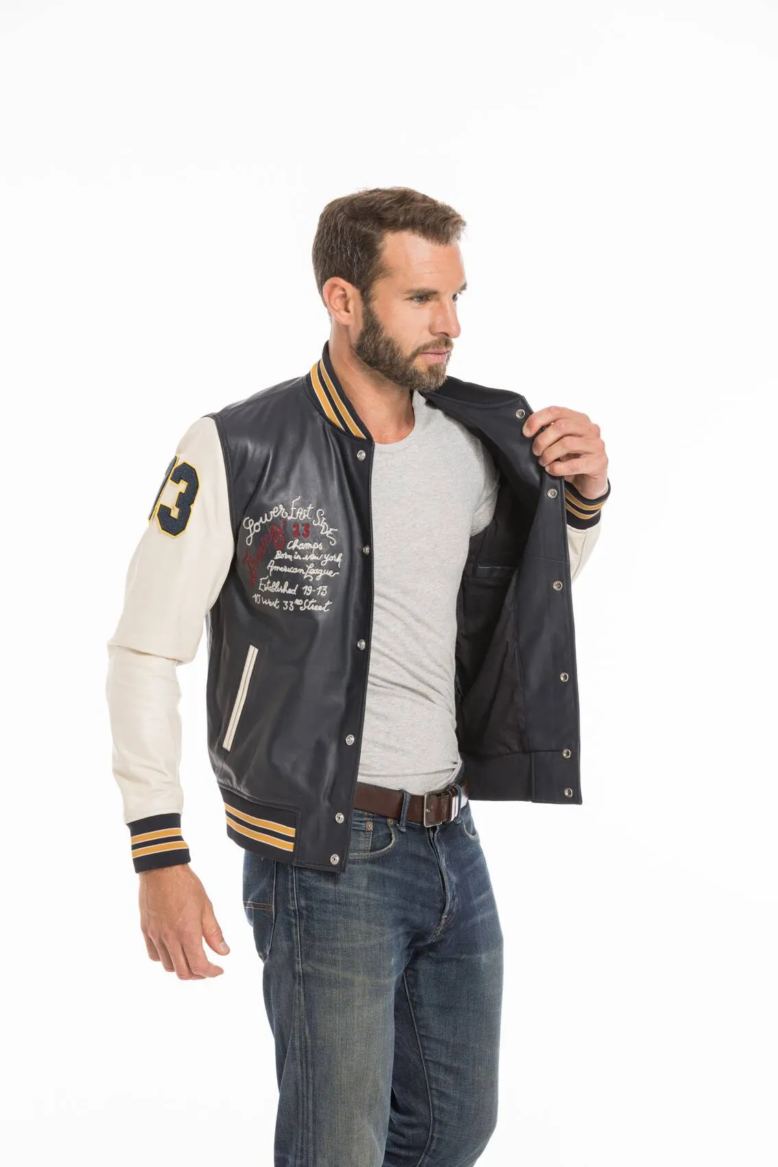 Men's navy/white teddy style leather jacket lcteddy