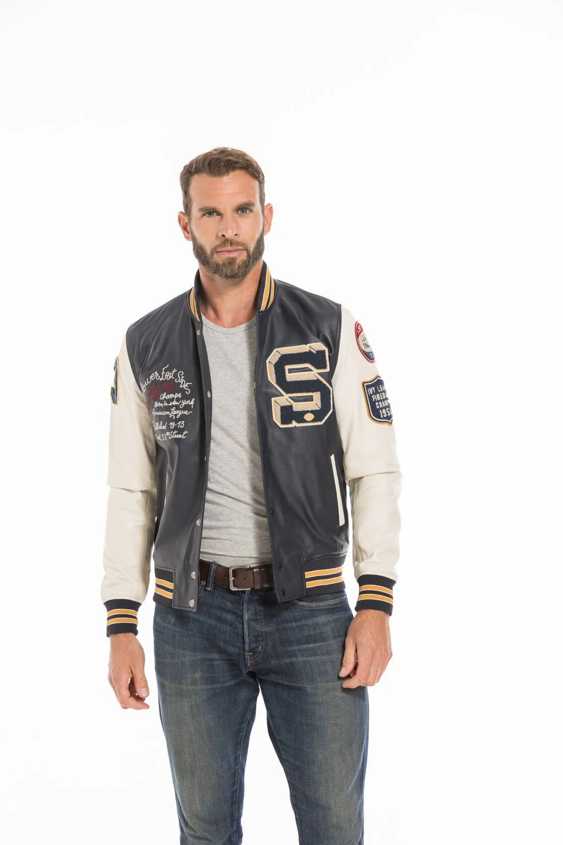 Men's navy/white teddy style leather jacket lcteddy