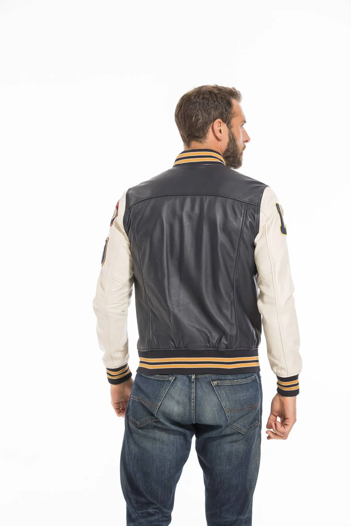 Men's navy/white teddy style leather jacket lcteddy