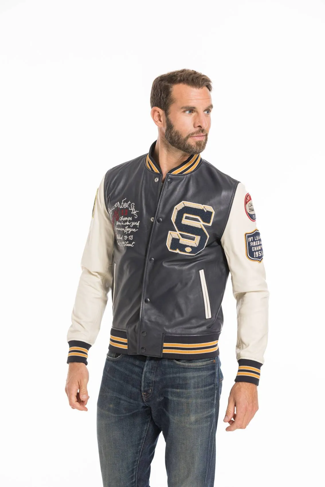 Men's navy/white teddy style leather jacket lcteddy