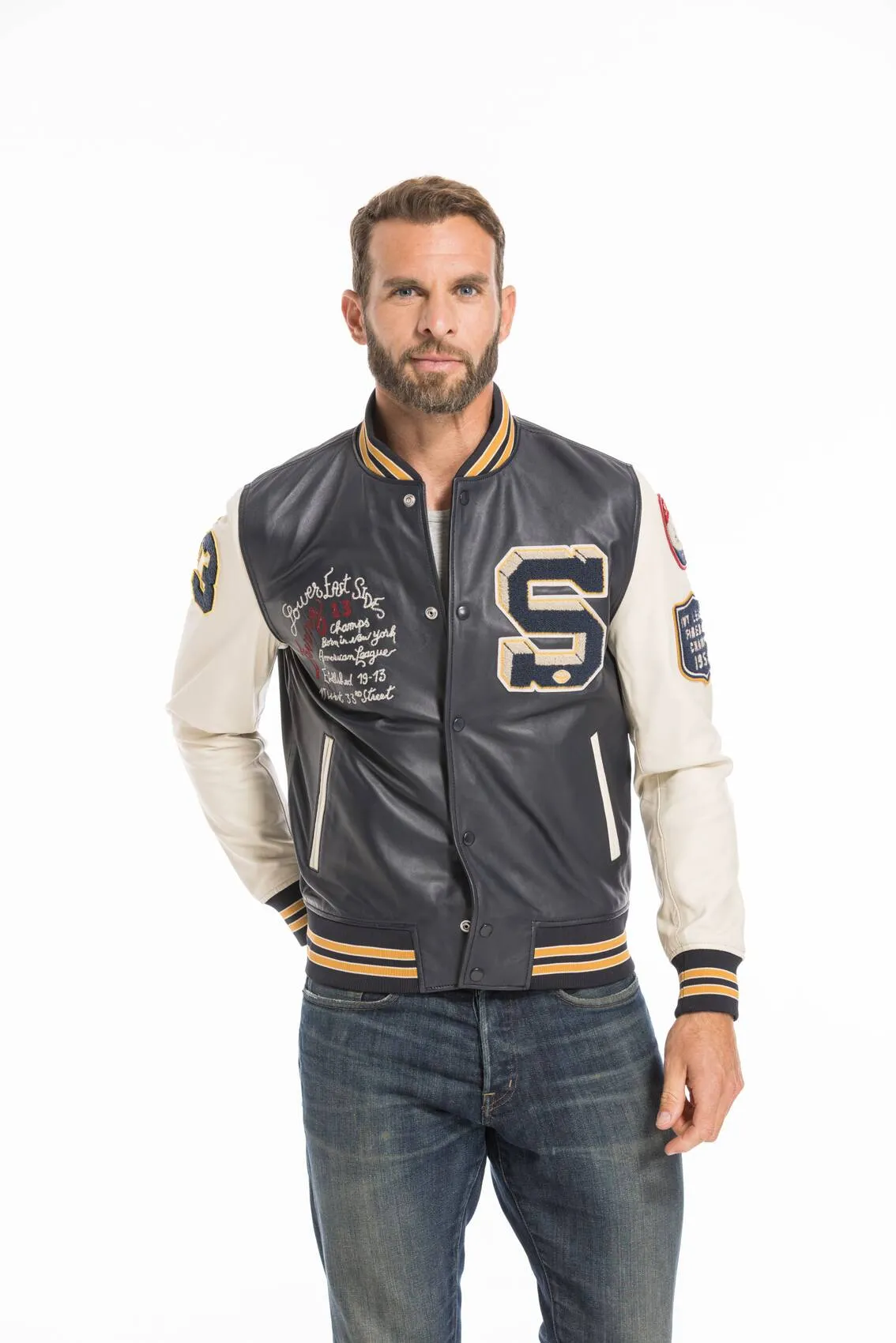 Men's navy/white teddy style leather jacket lcteddy