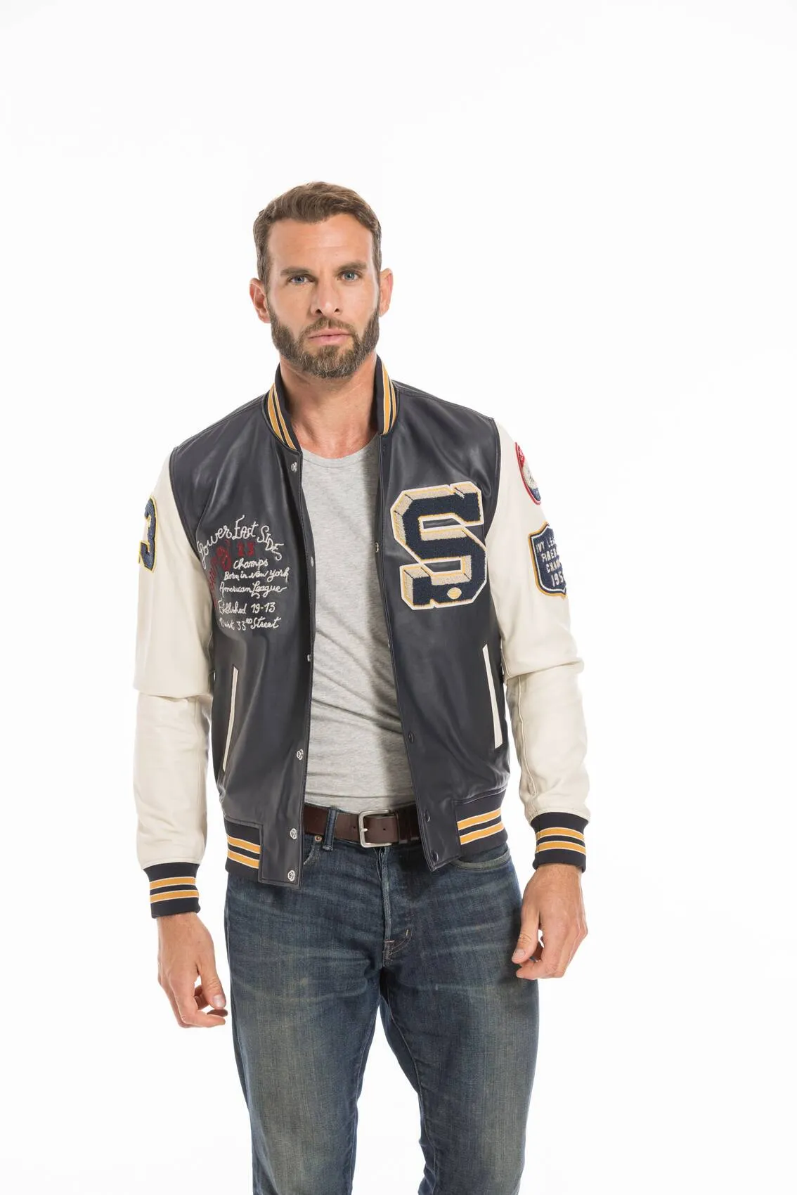 Men's navy/white teddy style leather jacket lcteddy