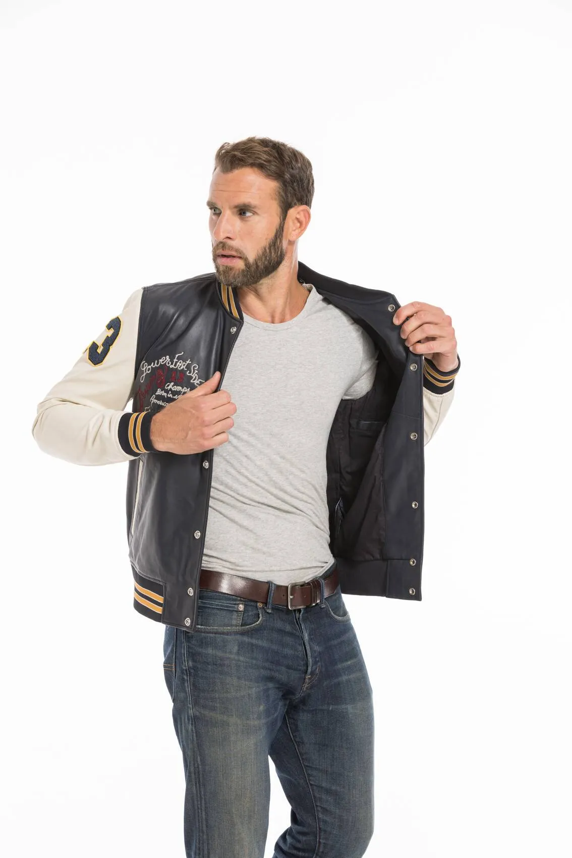 Men's navy/white teddy style leather jacket lcteddy