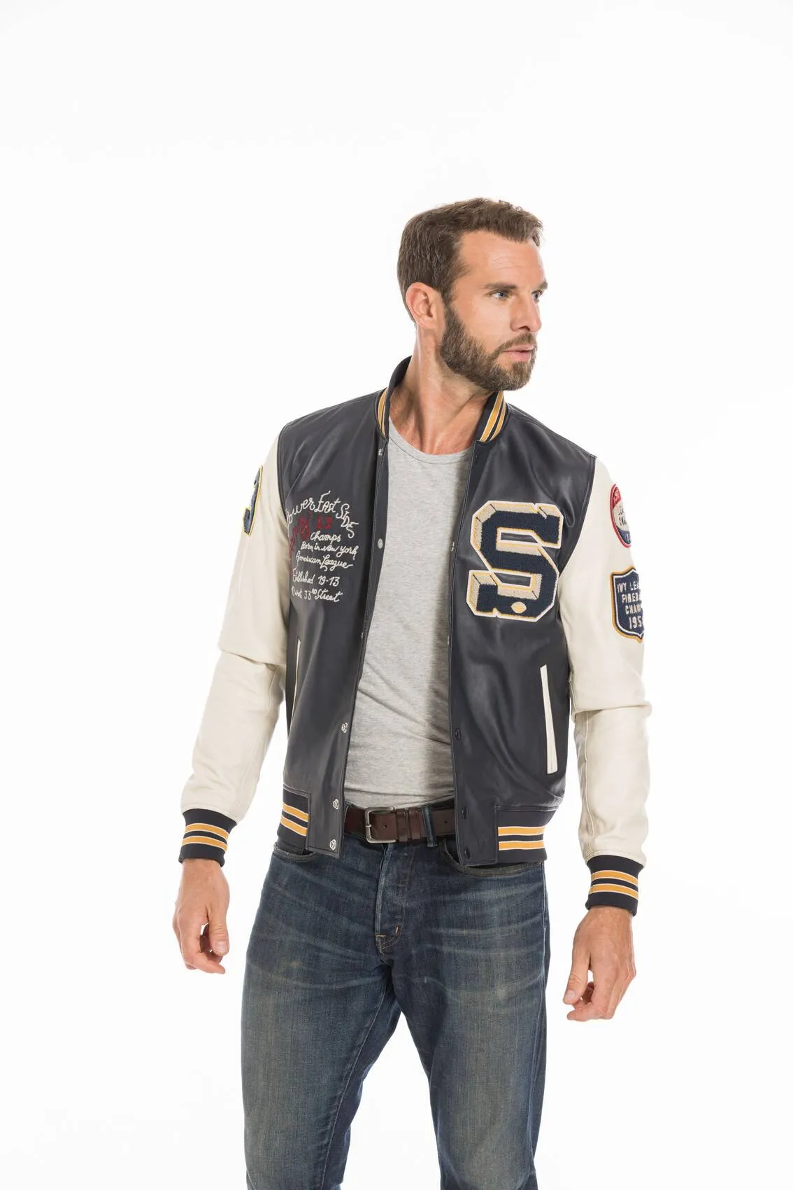 Men's navy/white teddy style leather jacket lcteddy