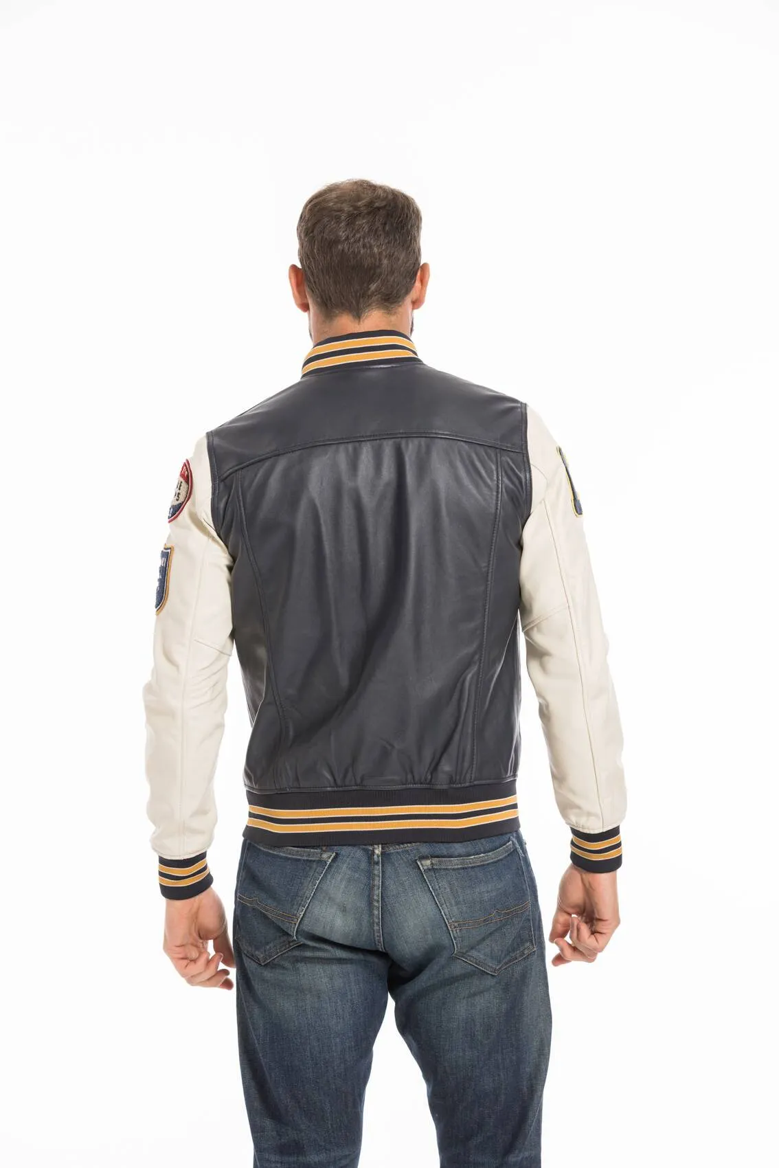 Men's navy/white teddy style leather jacket lcteddy