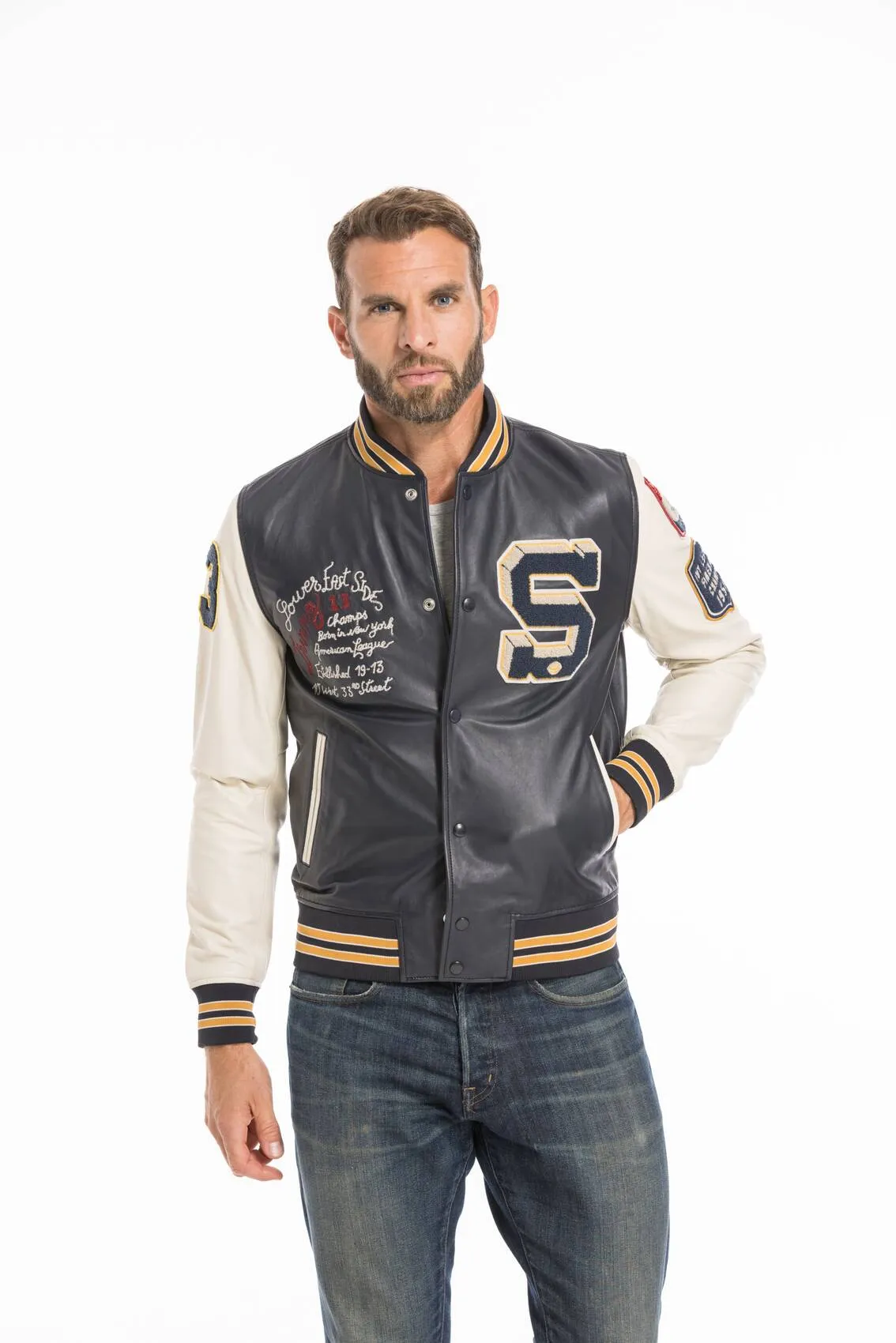 Men's navy/white teddy style leather jacket lcteddy