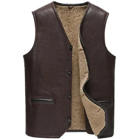 Men's Solid Pattern V-Neck Genuine Leather Real Lamb Fur Vest Coat