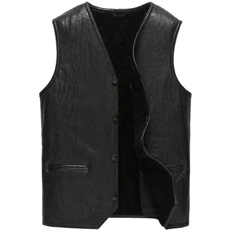 Men's Solid Pattern V-Neck Genuine Leather Real Lamb Fur Vest Coat