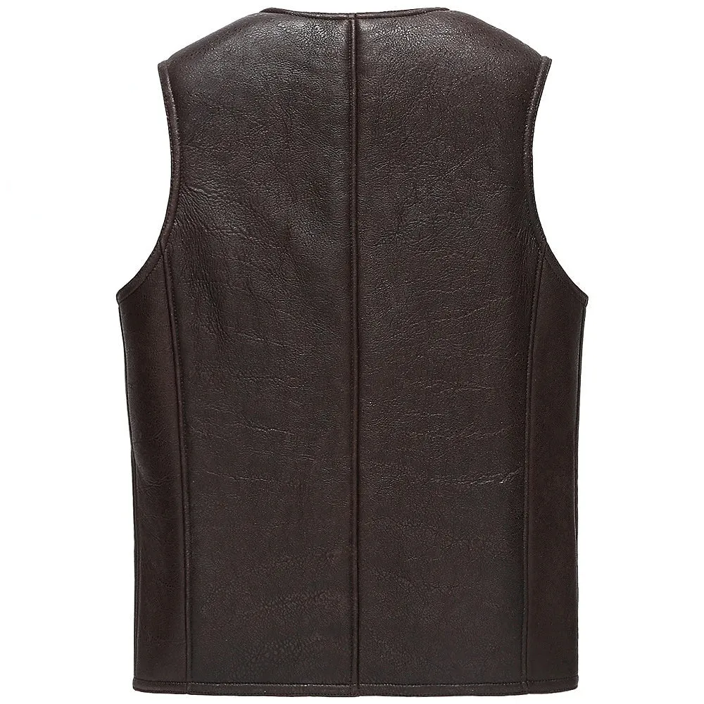 Men's Solid Pattern V-Neck Genuine Leather Real Lamb Fur Vest Coat