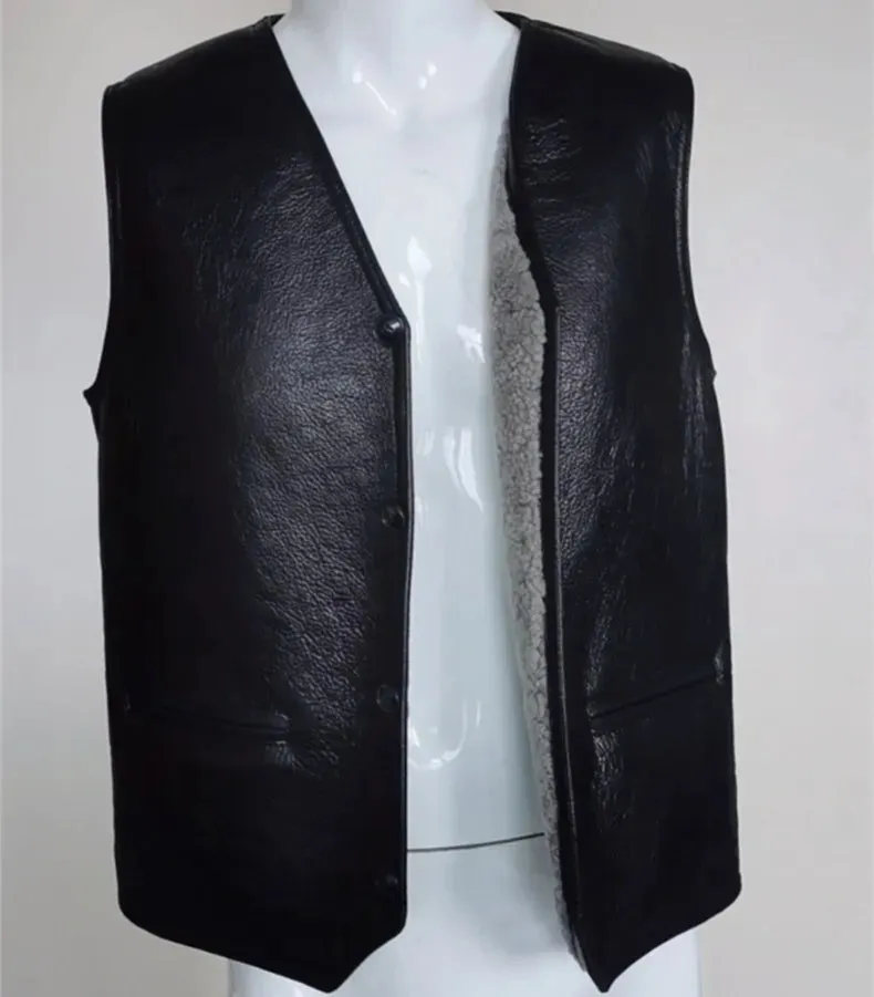 Men's Solid Pattern V-Neck Genuine Leather Real Lamb Fur Vest Coat