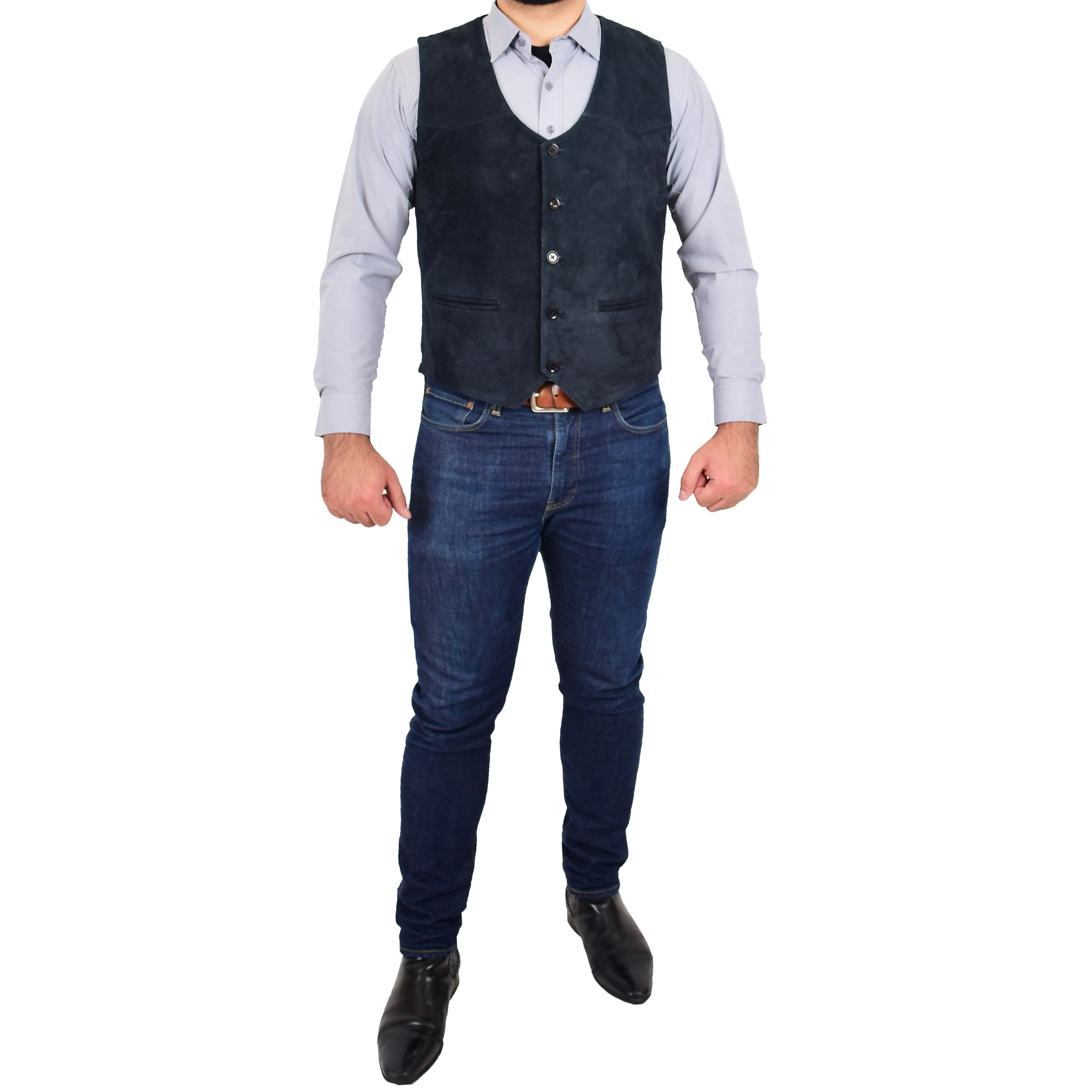 Mens Suede Button Fastening Waistcoat Don Navy