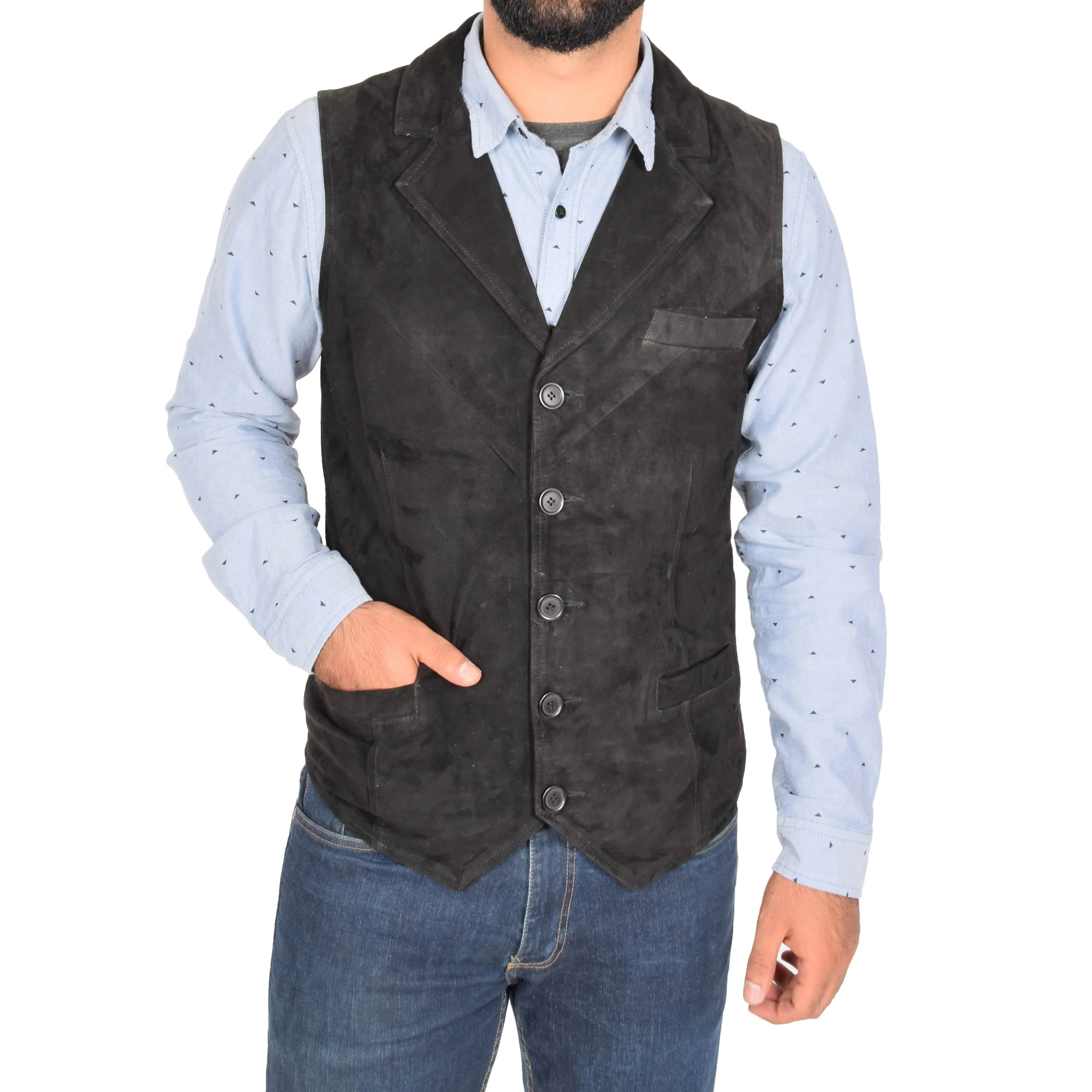 Mens Suede Buttoned Waistcoat Gilet Devin Black