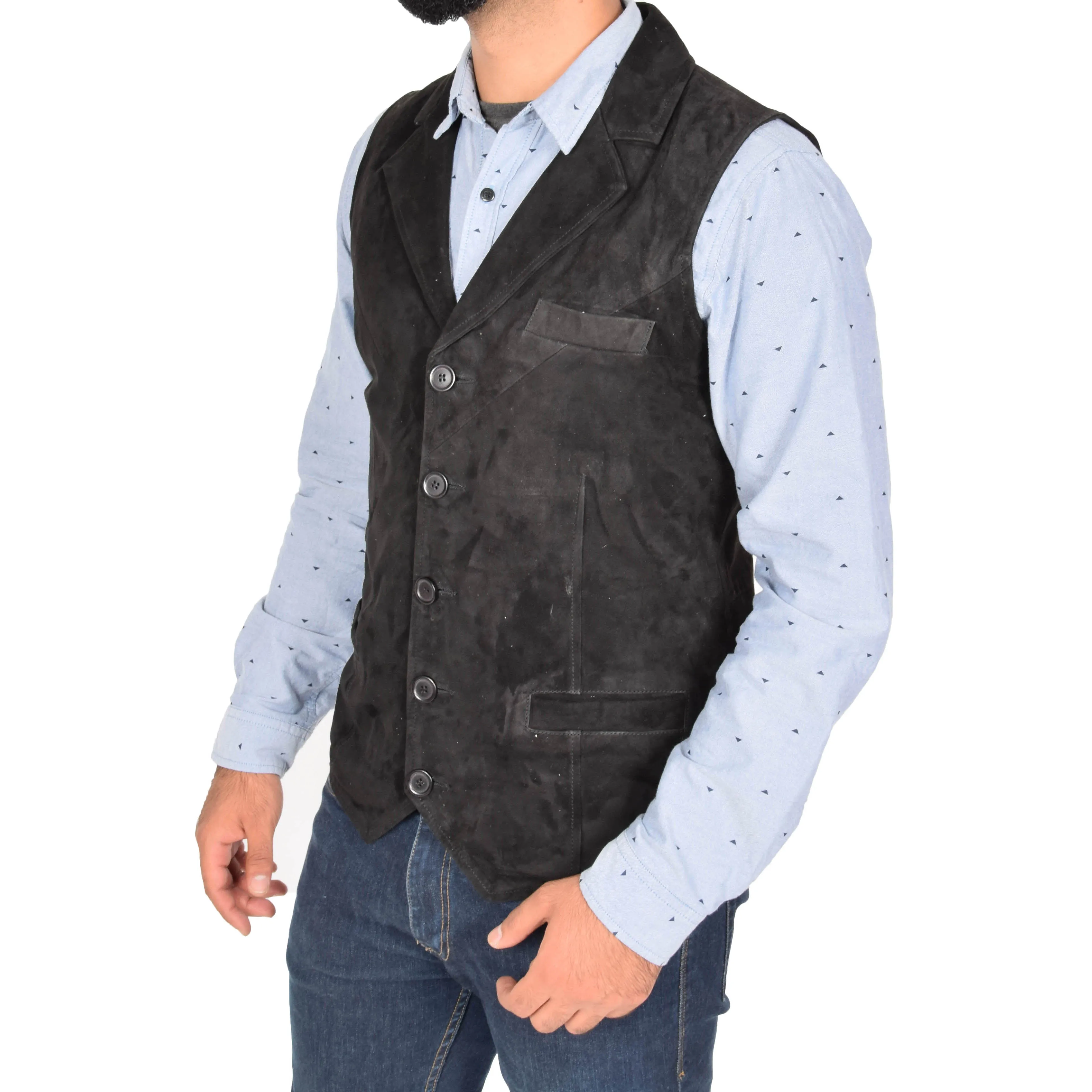 Mens Suede Buttoned Waistcoat Gilet Devin Black