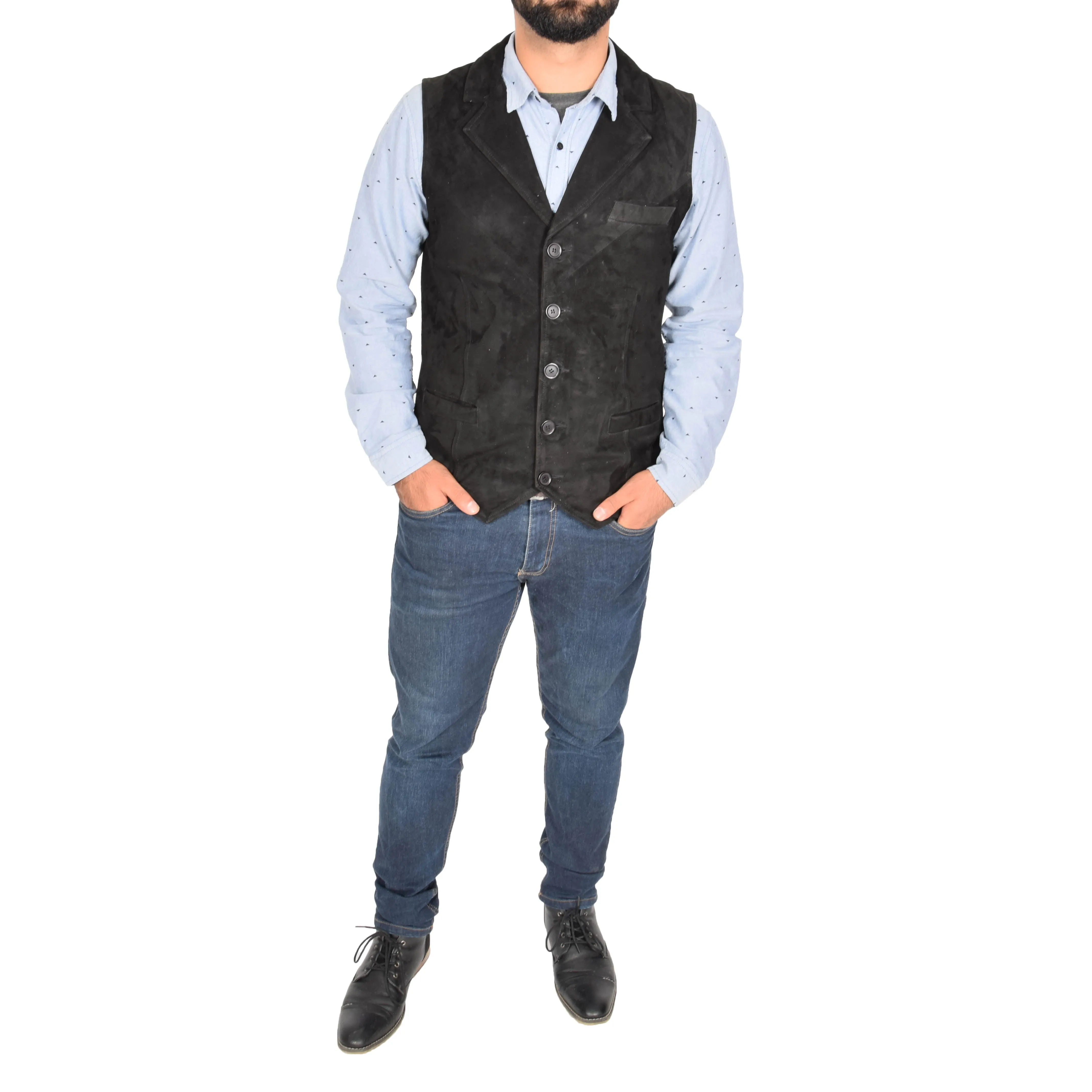 Mens Suede Buttoned Waistcoat Gilet Devin Black