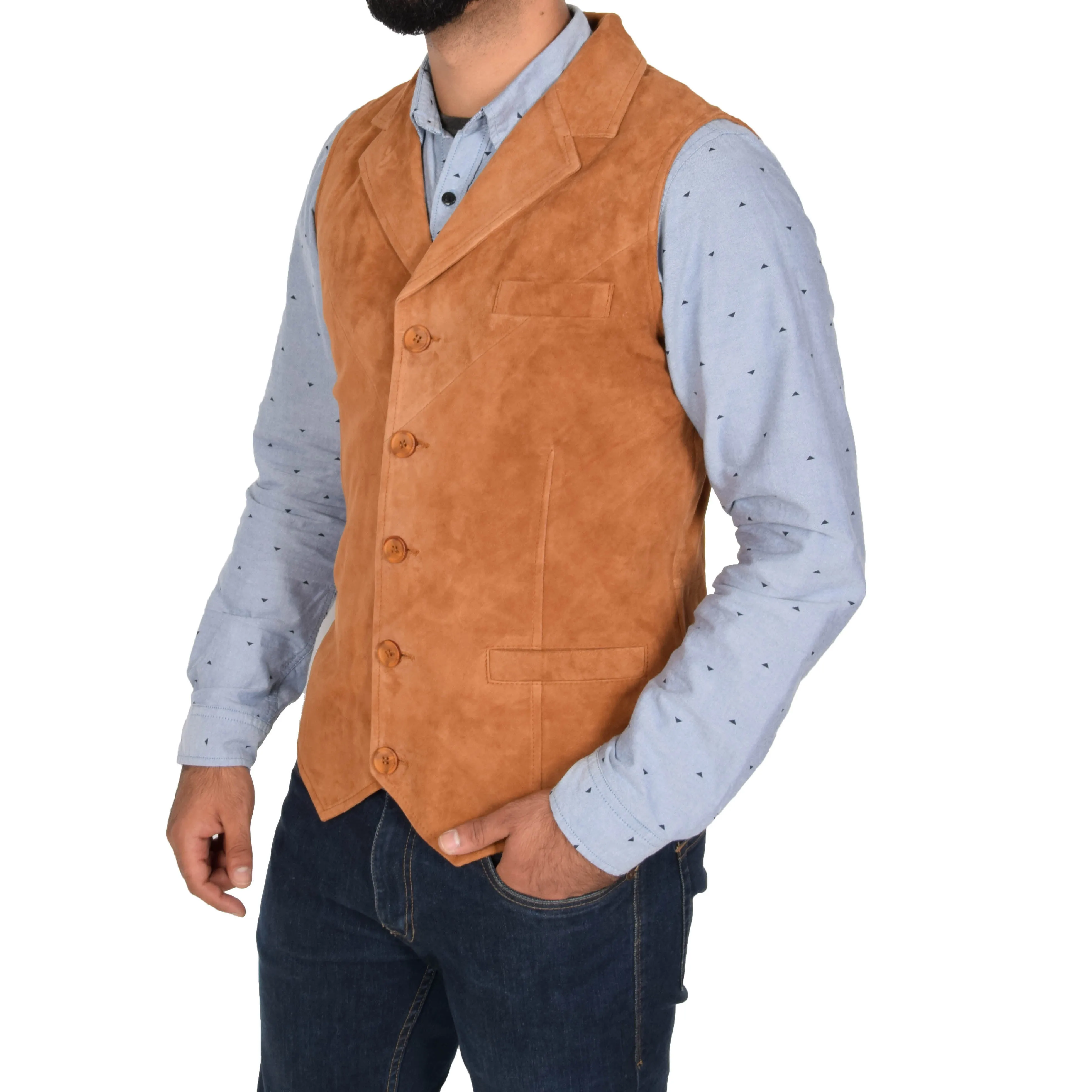 Mens Suede Buttoned Waistcoat Gilet Devin Tan