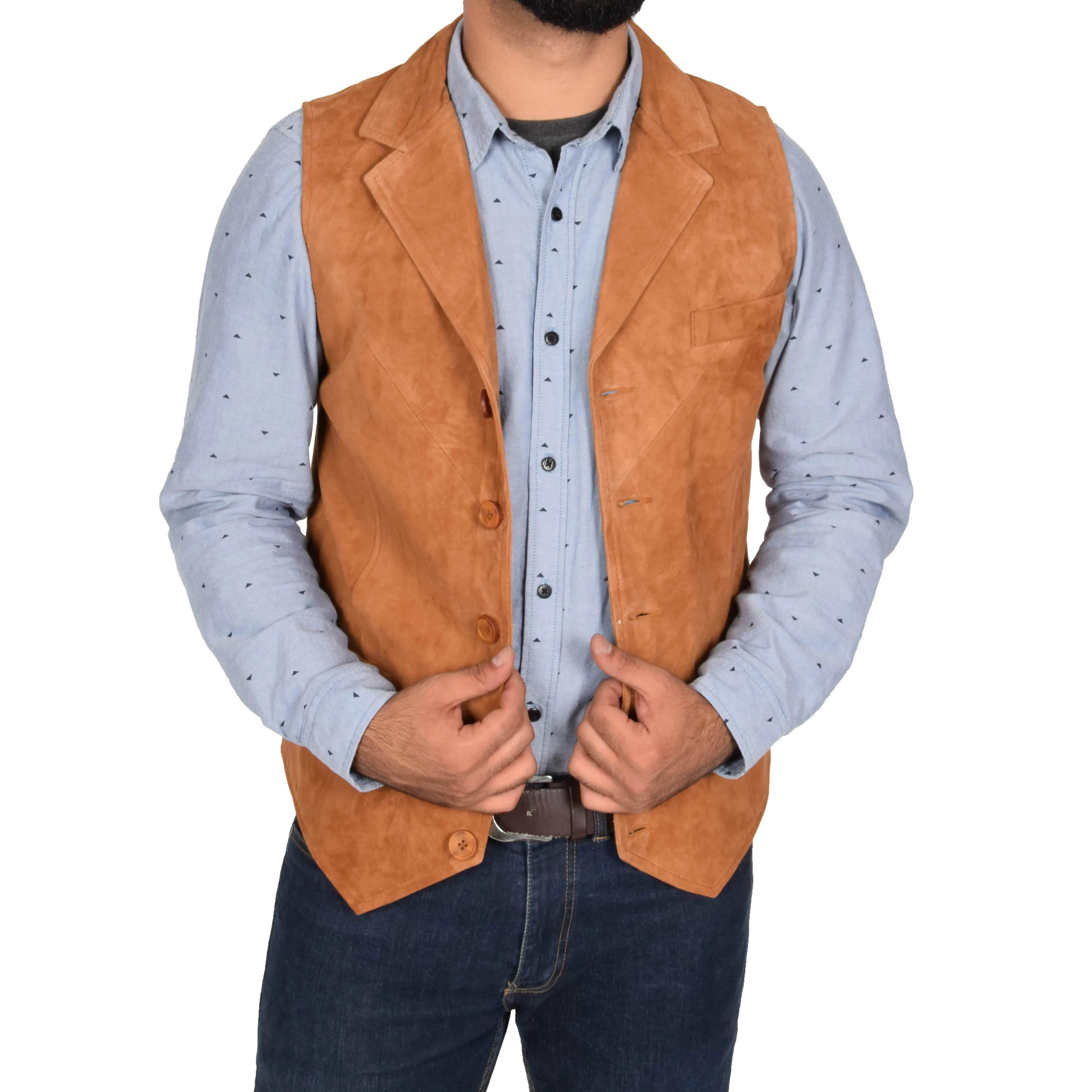 Mens Suede Buttoned Waistcoat Gilet Devin Tan