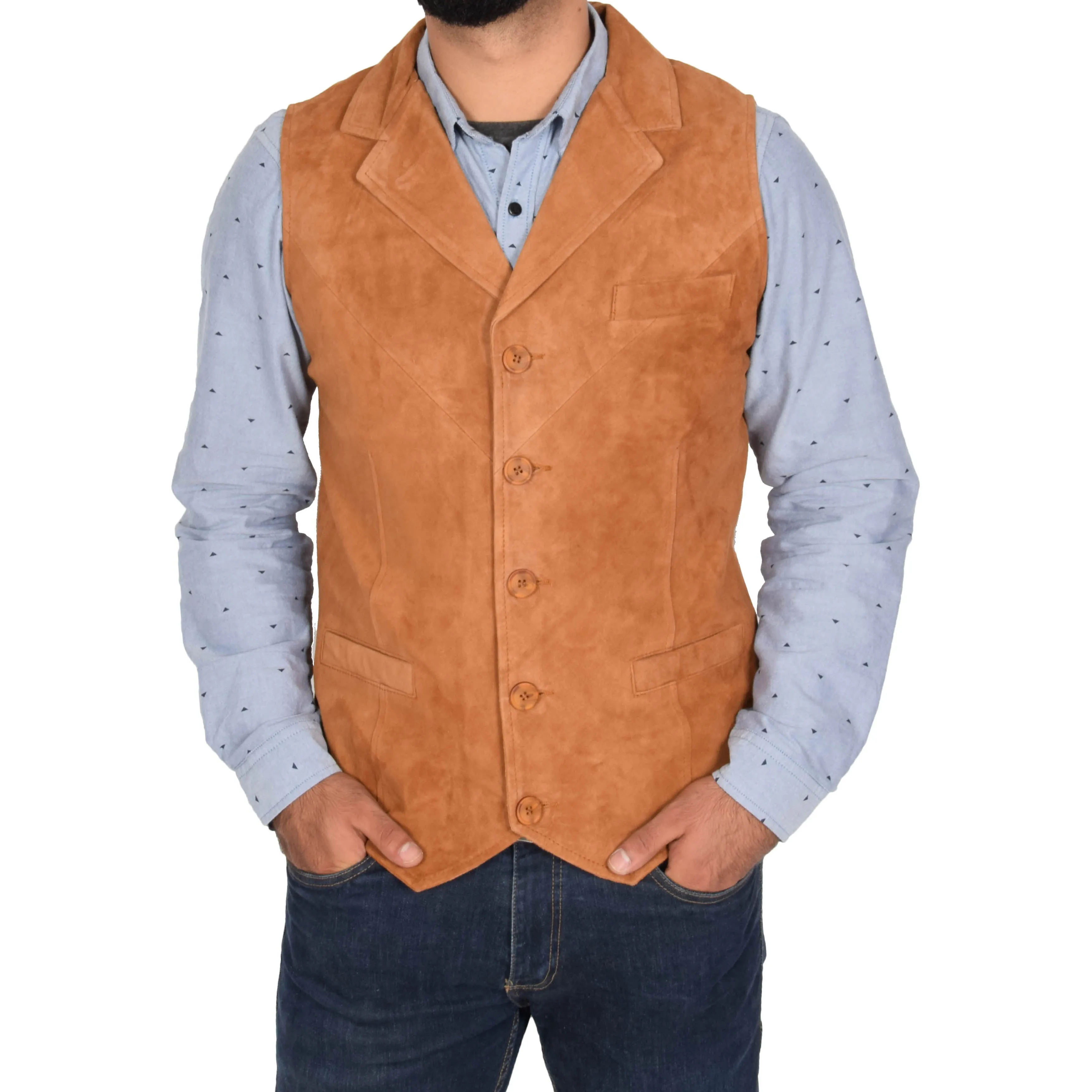 Mens Suede Buttoned Waistcoat Gilet Devin Tan