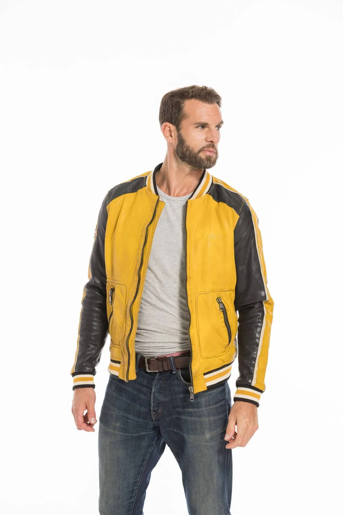 Men's yellow/black redskins fray teddy style leather jacket